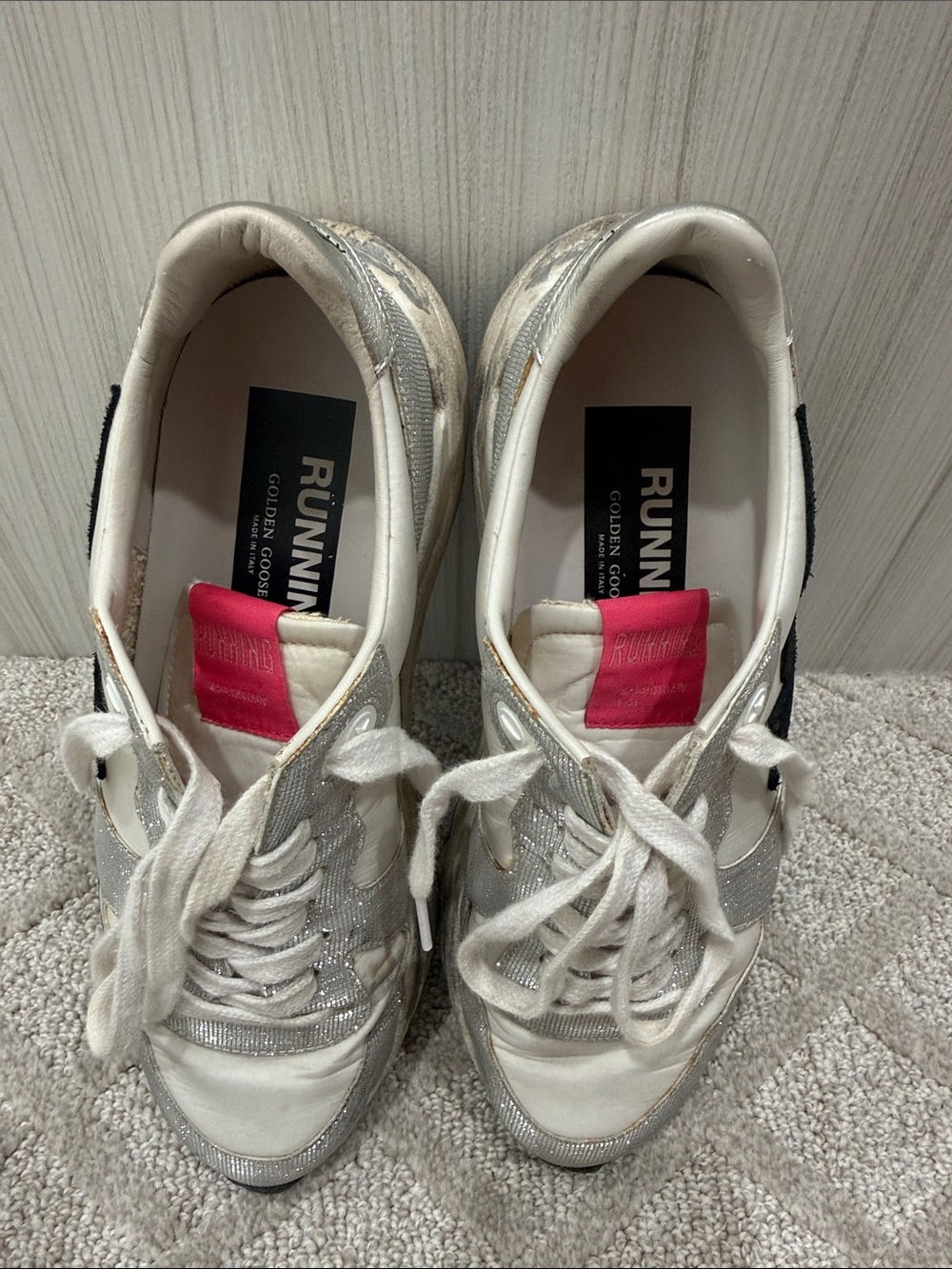 Golden Goose Silver & White Running Sneakers with Pink Tongue